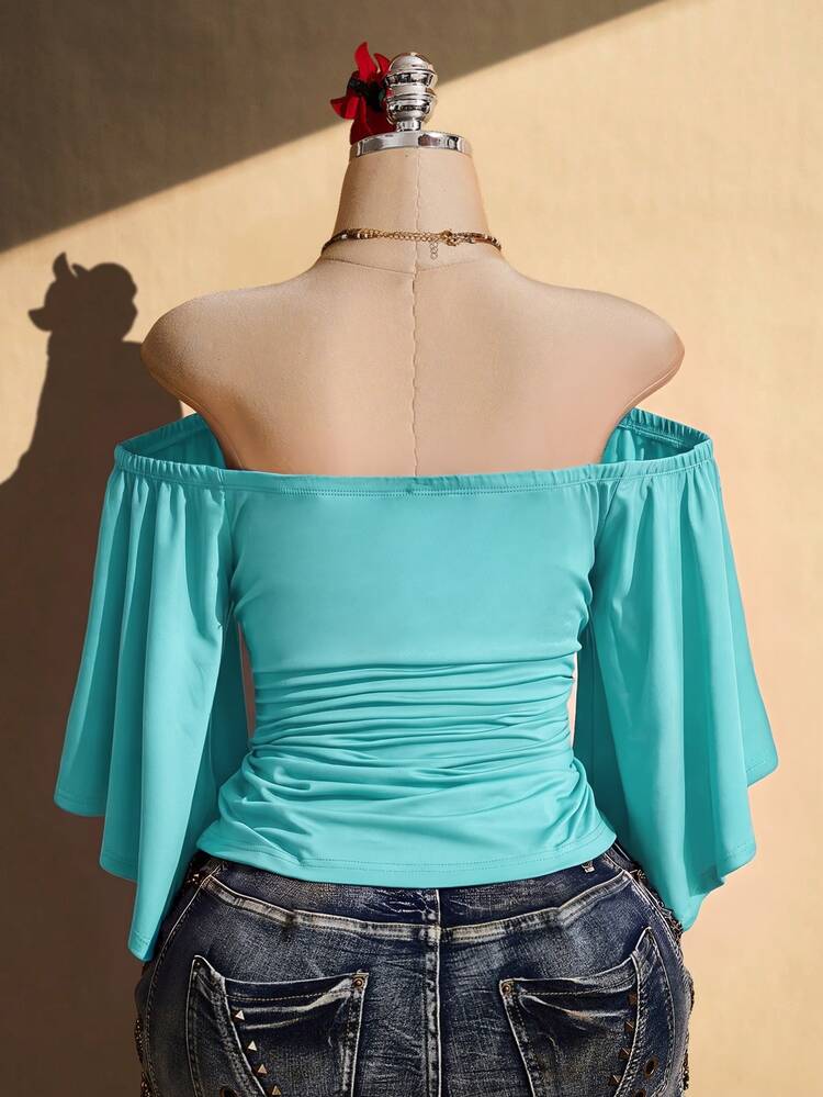 SHEIN ICON Women's Plus Size Vacation Sexy Ruched Off-Shoulder Top - Blue - View 2