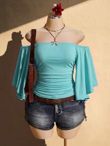 SHEIN ICON Women's Plus Size Vacation Sexy Ruched Off-Shoulder Top - Blue - View 3