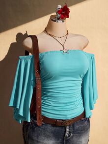 SHEIN ICON Women's Plus Size Vacation Sexy Ruched Off-Shoulder Top - Blue - View 4