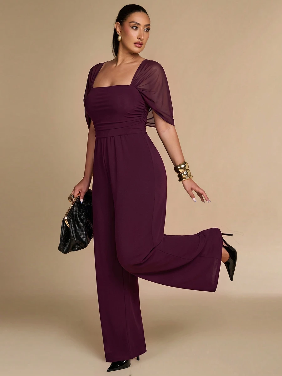 SHEIN BAE CURVE جمبسوت نسائي مقاس كبير بلون موحد وياقة مربعة وساق واسعة فضفاضة أنيقة - عنابي اللون - مشاهدة 1