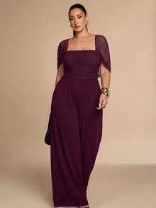 SHEIN BAE CURVE جمبسوت نسائي مقاس كبير بلون موحد وياقة مربعة وساق واسعة فضفاضة أنيقة - عنابي اللون - مشاهدة 4