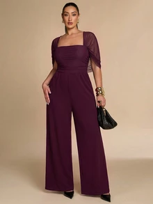 SHEIN BAE CURVE جمبسوت نسائي مقاس كبير بلون موحد وياقة مربعة وساق واسعة فضفاضة أنيقة - عنابي اللون - مشاهدة 3