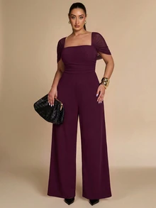 SHEIN BAE CURVE جمبسوت نسائي مقاس كبير بلون موحد وياقة مربعة وساق واسعة فضفاضة أنيقة - عنابي اللون - مشاهدة 5