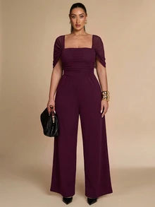 SHEIN BAE CURVE جمبسوت نسائي مقاس كبير بلون موحد وياقة مربعة وساق واسعة فضفاضة أنيقة - عنابي اللون - مشاهدة 6