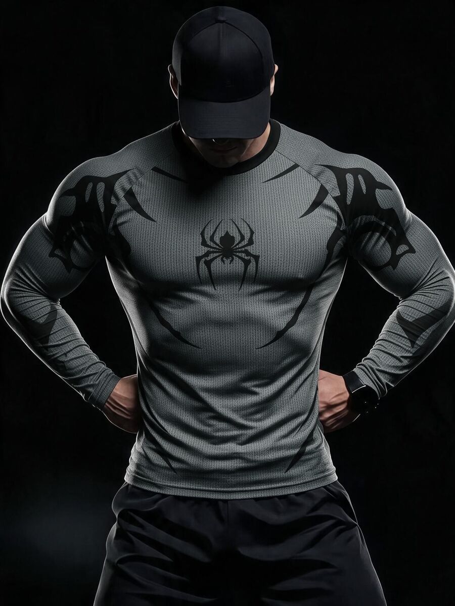 RISE LYT Men's Spider Print Raglan Long Sleeve Sports T-Shirt, Gym - Multicolor - View 1