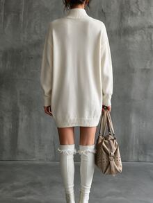 LUMIGAL 女款中長版針織毛衣洋裝，半高領、斜向單排扣設計、落肩、寬鬆版型，米白色秋季休閒風 - 白色 - 查看 2