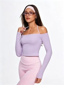 Eassivo Eassivo 女款舒適極簡純色長袖露肩運動T恤瑜伽服 - 淡紫色 - 查看 6