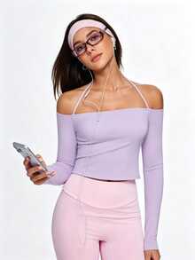 Eassivo Eassivo 女款舒適極簡純色長袖露肩運動T恤瑜伽服 - 淡紫色 - 查看 9