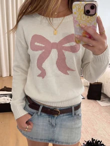 INAWLY Women's Autumn/Winter Lazy Fashion Minimalist Versatile Sweet Bow Asymmetrical Shoulder Pullover Sweater - White - View 2