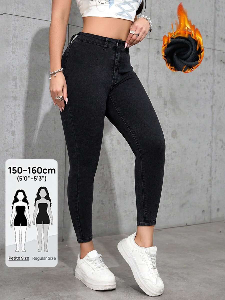 SHEIN PETITE 女款休閒百搭修身緊身牛仔褲 - 黑色 - 查看 1