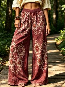 Selamara Women's Bohemian Print Wide Leg Pants, High Waist Loose Casual Hippie Style Beach Pants With Pockets - Multicolor - View 1