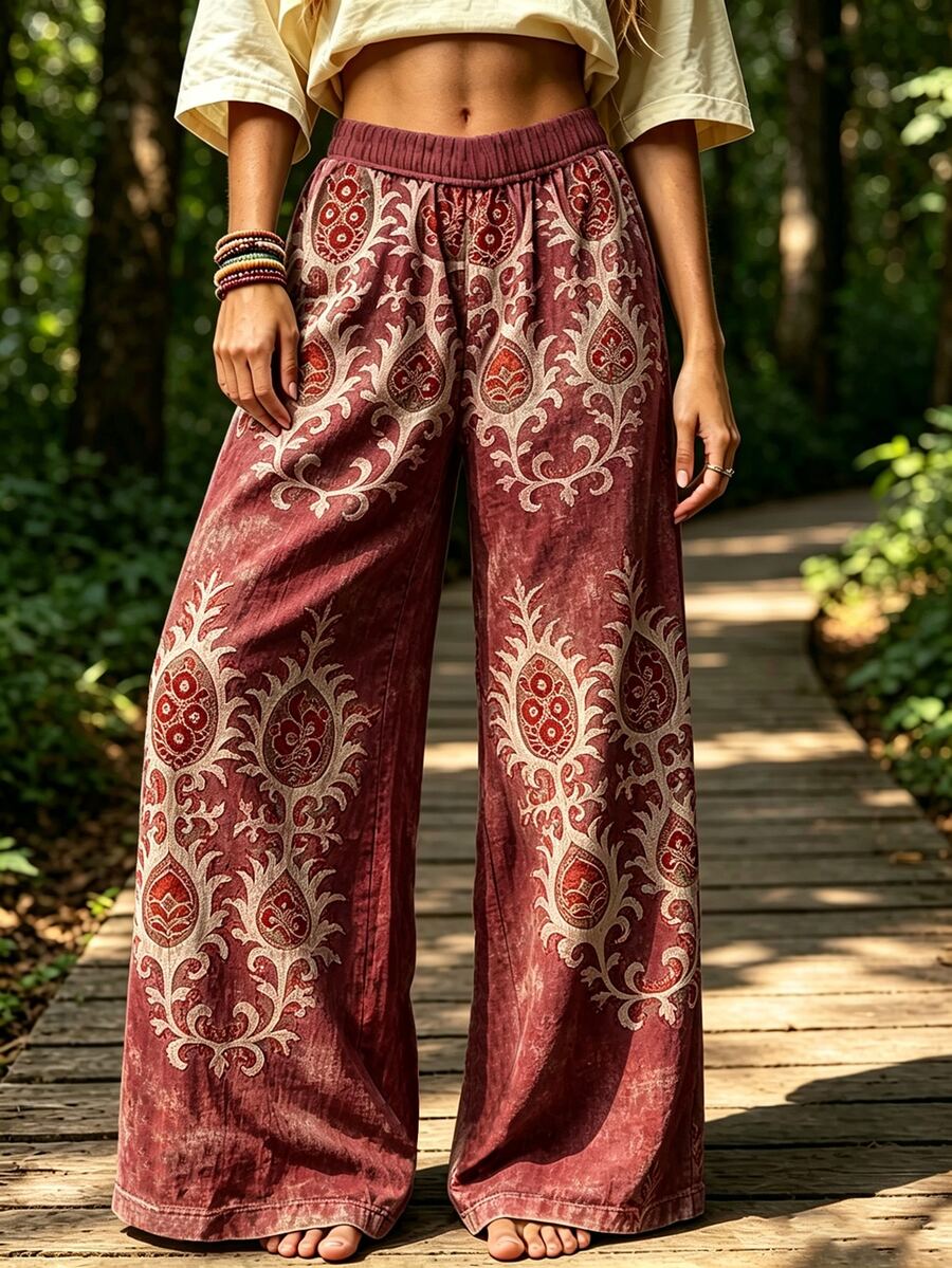 Selamara Women's Bohemian Print Wide Leg Pants, High Waist Loose Casual Hippie Style Beach Pants With Pockets - Multicolor - View 1
