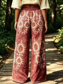 Selamara Women's Bohemian Print Wide Leg Pants, High Waist Loose Casual Hippie Style Beach Pants With Pockets - Multicolor - View 2