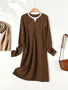 Rusticease Women's Minimalist 2 In 1 Button Long Sleeve Dress - Brown - View 3