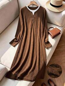 Rusticease Women's Minimalist 2 In 1 Button Long Sleeve Dress - Brown - View 1