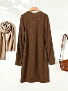Rusticease Women's Minimalist 2 In 1 Button Long Sleeve Dress - Brown - View 2