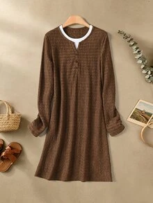 Rusticease Women's Minimalist 2 In 1 Button Long Sleeve Dress - Brown - View 6