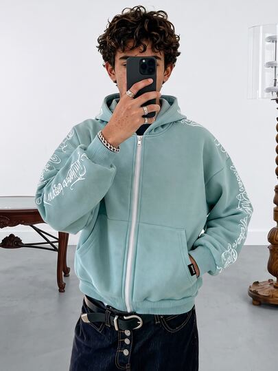 NORVETH Men's Knitted Casual Loose Fit English Embroidered Long Sleeve Zip Up Hoodie, Fall, Winter, Couple Things