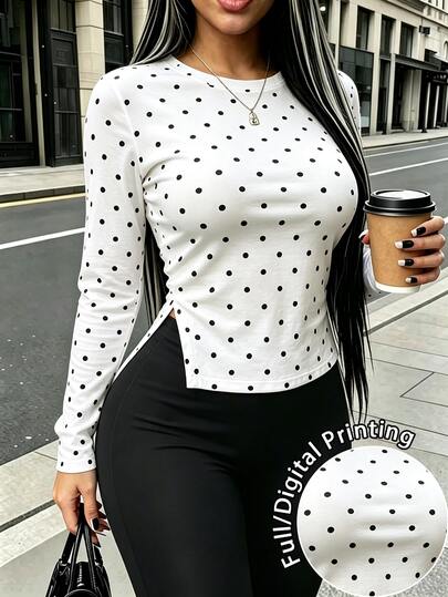 Rovax Women's Polka Dot Long Sleeve Top And Pants Casual Daily 2 Pieces Set