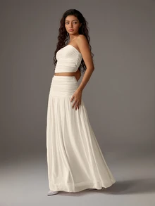 TRNVIE Setelan 2 Potong Wanita Jala Warna Polos Modis, Atasan Bustier Pendek dan Rok Maxi, untuk Wanita Bertubuh Mungil - Aprikot - View 5