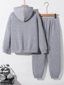 SHEIN 兒童青少年男孩字母印花保暖內裡秋冬連帽衛衣與運動長褲套裝 - 深灰色 - 查看 3