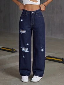 SHEIN PETITE Women's Casual Streetwear Daily Wear Denim Jeans With Pocket, Button And Distressed Design Night Out Holiday Dark Blue Summer - Dark Wash - View 5