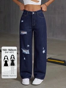 SHEIN PETITE Women's Casual Streetwear Daily Wear Denim Jeans With Pocket, Button And Distressed Design Night Out Holiday Dark Blue Summer - Dark Wash - View 1
