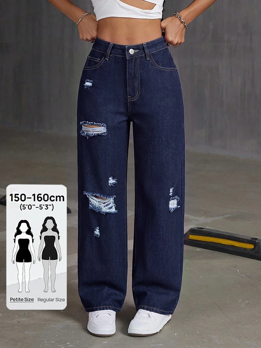 SHEIN PETITE Women's Casual Streetwear Daily Wear Denim Jeans With Pocket, Button And Distressed Design Night Out Holiday Dark Blue Summer - Dark Wash - View 1