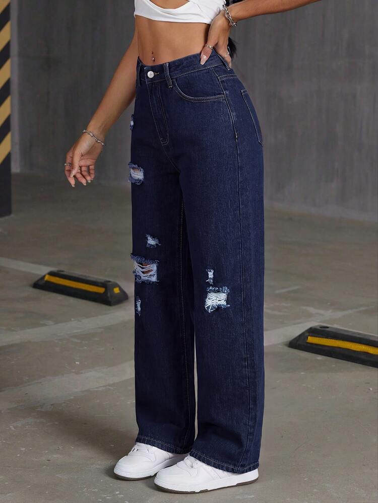 SHEIN PETITE Women's Casual Streetwear Daily Wear Denim Jeans With Pocket, Button And Distressed Design Night Out Holiday Dark Blue Summer - Dark Wash - View 4