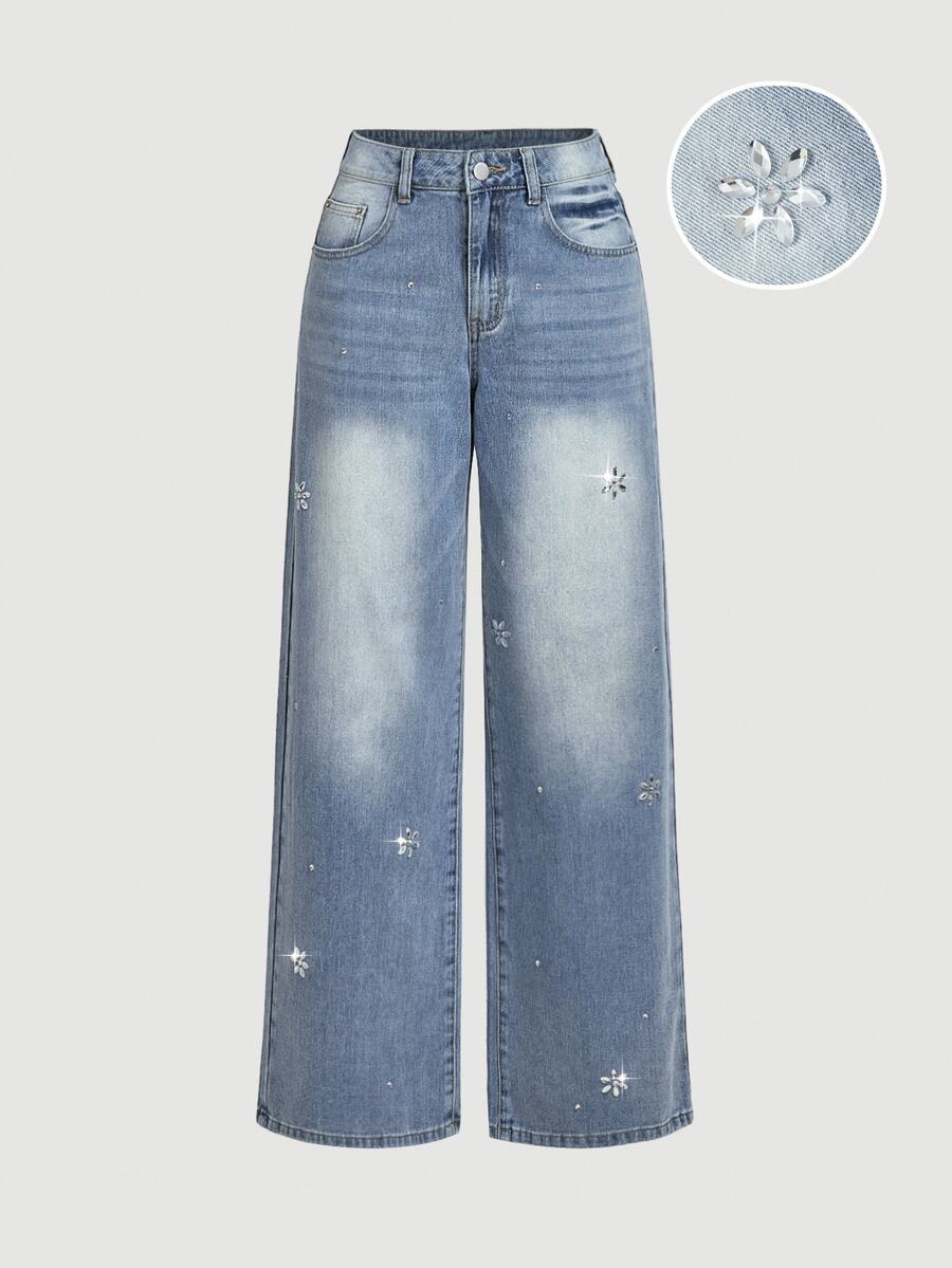 Sweetra Fashion Casual Girl Lady Style Rhinestone Straight Leg Denim ...