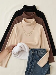 SHEIN Elladie kids 青少年女孩冬季抓絨簡約百搭保暖燕麥色與奶油白修身長袖高領上衣 - 彩色 - 查看 1