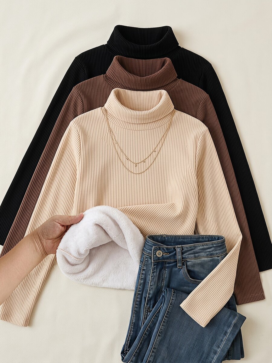 SHEIN Elladie kids 青少年女孩冬季抓絨簡約百搭保暖燕麥色與奶油白修身長袖高領上衣 - 彩色 - 查看 1