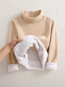 SHEIN Elladie kids 青少年女孩冬季抓絨簡約百搭保暖燕麥色與奶油白修身長袖高領上衣 - 彩色 - 查看 3