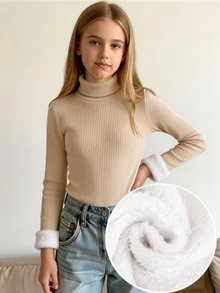 SHEIN Elladie kids 青少年女孩冬季抓絨簡約百搭保暖燕麥色與奶油白修身長袖高領上衣 - 彩色 - 查看 2