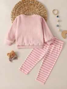 SHEIN 2件組女嬰可愛粉色小熊刺繡毛球條紋長袖圓領加厚公主絨毛衛衣打底褲套裝，適合聖誕派對、秋冬穿著 - 粉色 - 查看 2