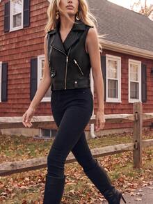Anewsta Autumn Asymmetrical Placket Textured Fabric Cropped Vest - Black - View 5
