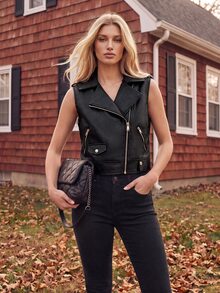 Anewsta Autumn Asymmetrical Placket Textured Fabric Cropped Vest - Black - View 4