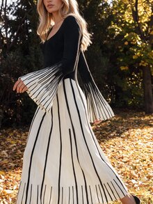 Anewsta Women's Knit Bell Sleeve Colorblock Elegant Woolen Round Neck Dress - Black and White - View 2