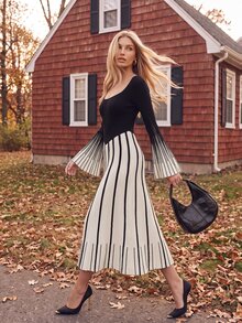 Anewsta Women's Knit Bell Sleeve Colorblock Elegant Woolen Round Neck Dress - Black and White - View 1