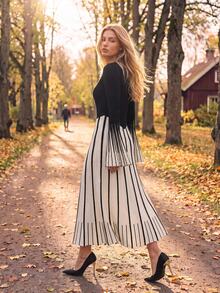 Anewsta Women's Knit Bell Sleeve Colorblock Elegant Woolen Round Neck Dress - Black and White - View 6