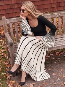 Anewsta Women's Knit Bell Sleeve Colorblock Elegant Woolen Round Neck Dress - Black and White - View 3