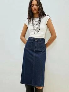 Firerie 女款休閒基礎通勤日常度假腰帶牛仔裙演唱會穿搭秋季日常外出深藍色 - 深色水洗藍 - 查看 6