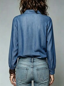 SHEIN Blus Tencel Biru Musim Semi/Gugur Wanita, Kerah V-Neck, Ruffle Dua Lapis, Kancing Tunggal, Model Lentera, Lengan Panjang, Model Draping, Cocok untuk Komuter. - Biru - View 3