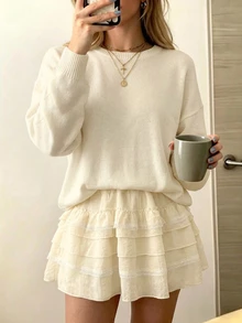 Cévolie Cream White French Slouchy Round Neck Knit Sweater Top Paired With Layered Cake Skirt, Versatile Design - White - View 3