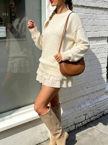 Cévolie Cream White French Slouchy Round Neck Knit Sweater Top Paired With Layered Cake Skirt, Versatile Design - White - View 7