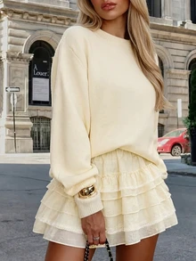 Cévolie Cream White French Slouchy Round Neck Knit Sweater Top Paired With Layered Cake Skirt, Versatile Design - White - View 1