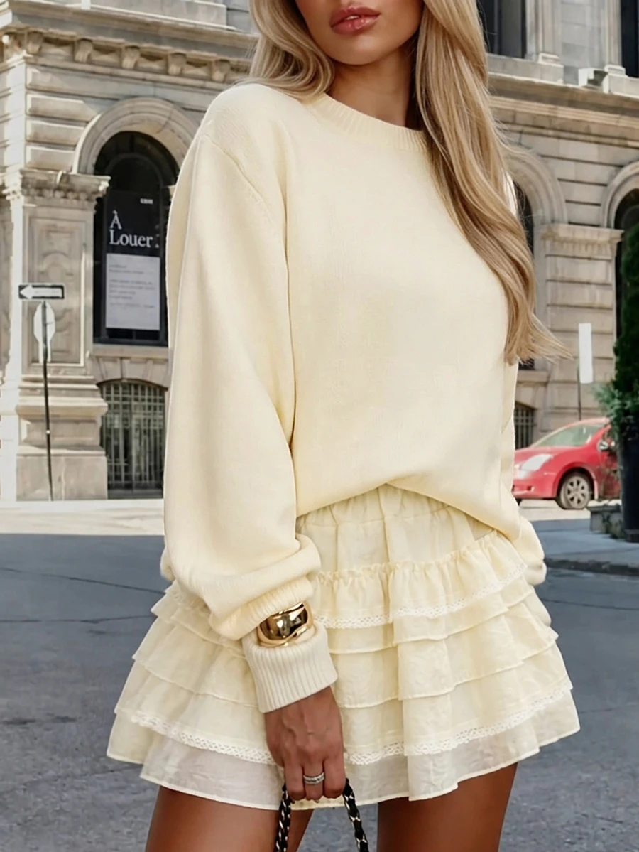 Cévolie Cream White French Slouchy Round Neck Knit Sweater Top Paired With Layered Cake Skirt, Versatile Design - White - View 1