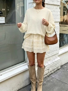 Cévolie Cream White French Slouchy Round Neck Knit Sweater Top Paired With Layered Cake Skirt, Versatile Design - White - View 5