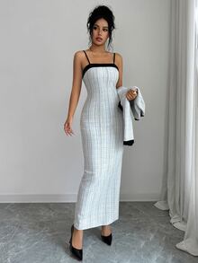 Elenzga Plaid Print Contrast Trim Cami Dress & Jacket - Black and White - View 7