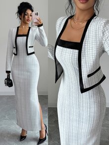 Elenzga Plaid Print Contrast Trim Cami Dress & Jacket - Black and White - View 3